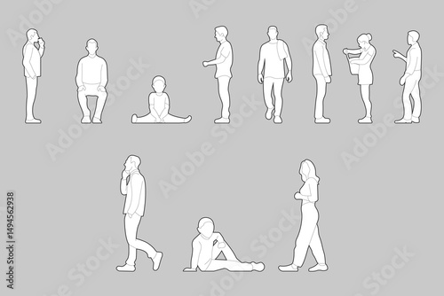 People line cad art. Vector illustration of men, women, and kid standing walking talking in front back and side view. Symbol for architecture and landscape design drawing.