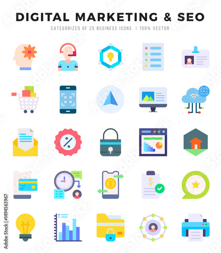 DIGITAL MARKETING & SEO Flat icons collection. Flat icons pack. Vector illustration