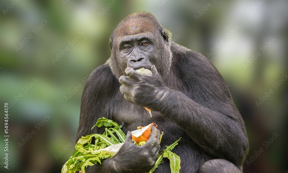 Fototapeta premium Critically Endangered Cross River Gorilla in Tropical Forest