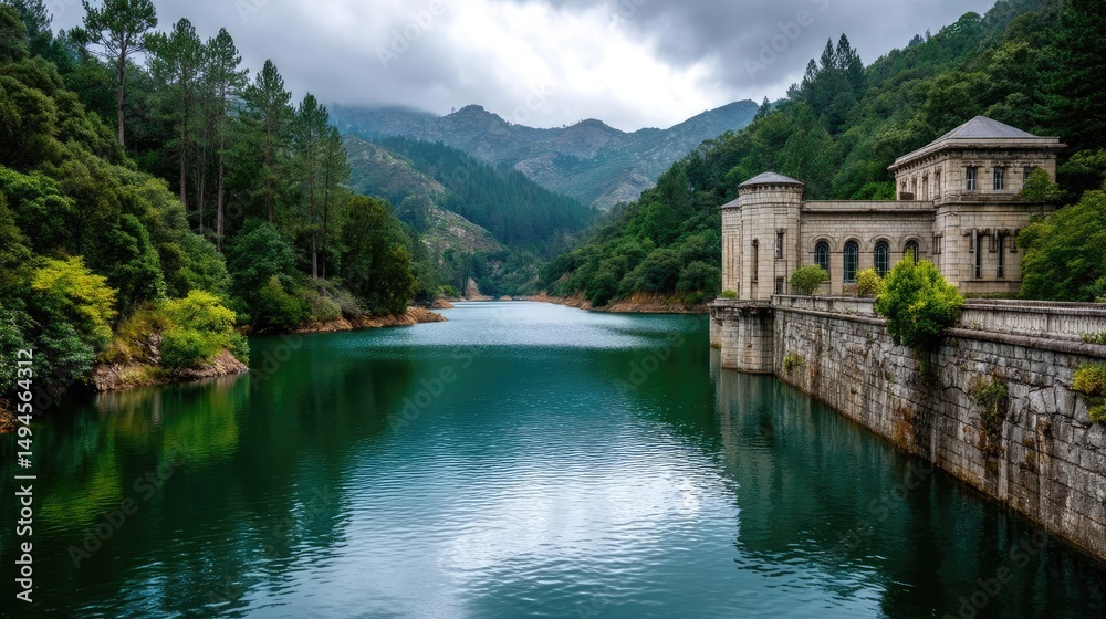 Obraz premium Scenic view of lake in pine forest near beautiful mountain concept. Scenic view of a serene lake with lush greenery and mountains.