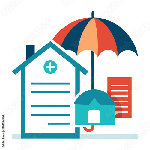 House property insurance, house and insurance document under umbrella vector illustration.