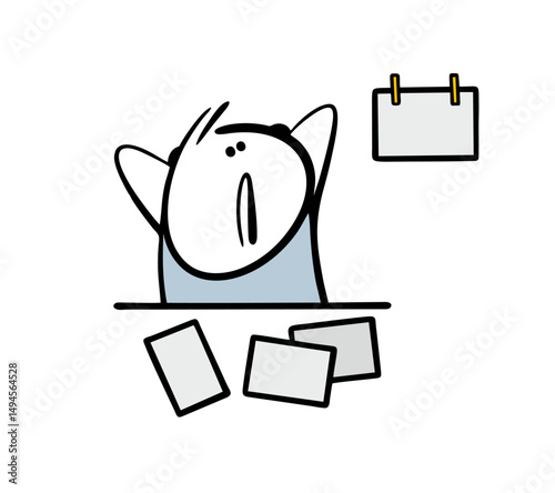 Vector cartoon illustration,  stickman in a panic looks at  wall calendar, does not have time to finish the work on time. Unpleasant situation in the office, the employee did not cope with task.