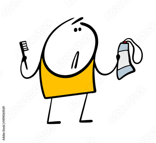 Confused cartoon stickman stands in the bathroom and holds a tube of toothpaste. Vector illustration of a boy brushing his teeth, a useful habit, morning and evening ritual for health and beauty.