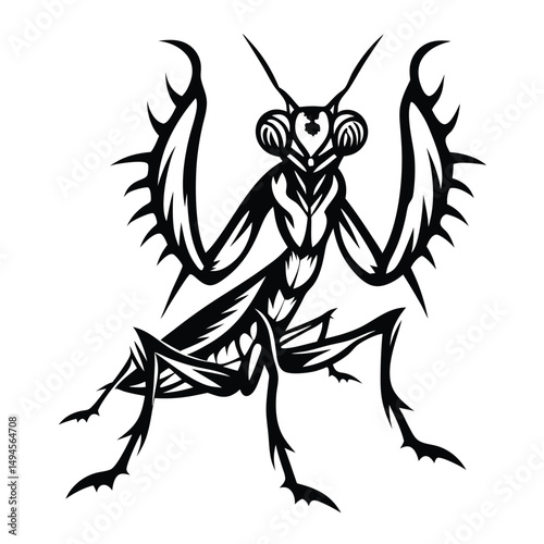Striking praying mantis stance, sharp tribal design, black silhouette, isolated icon