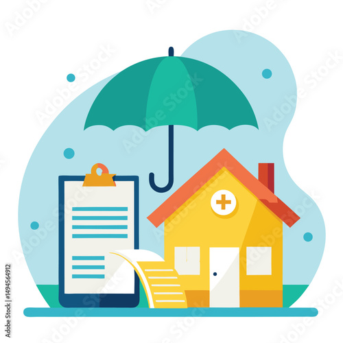 House property insurance, house and insurance document under umbrella vector illustration.