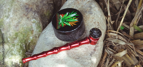 Marijuana Pipe Cannabis Leaf Box Stone Nature Outdoor Closeup Natural Green Relaxation Photography