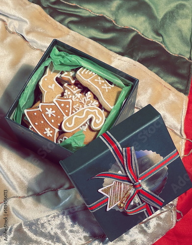 Open Box With Christmas Ribbon Full Of Decorated Gingerbread Cookies Top View Festive Colorful Sweet Holiday Treats