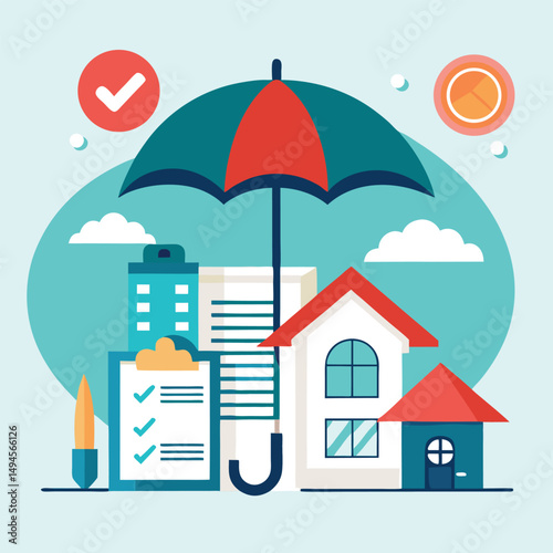 House property insurance, house and insurance document under umbrella vector illustration.