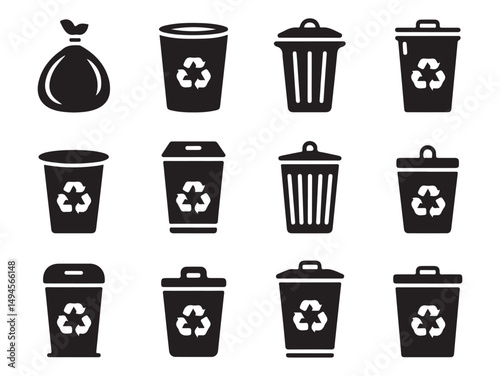 Trash and Recycling Bins Icons Set, Featuring Waste Management Symbols