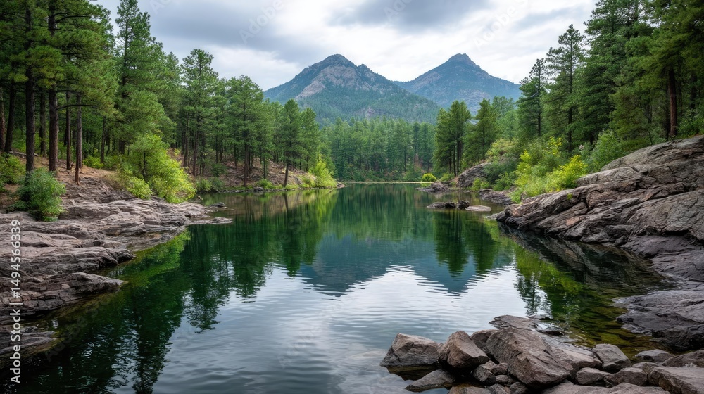 Fototapeta premium Scenic view of lake in pine forest with tree and rock concept. Serene lake reflecting mountains surrounded by lush pine forest.