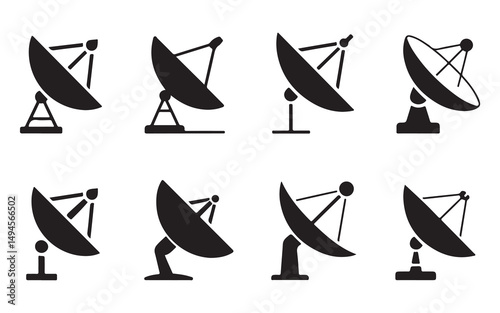 Set of Satellite Dish Icons, Featuring Various Positions of Antennas in Simple Black Line Art. Perfect for Representing Communication, Technology, and Broadcasting Themes in Design.
