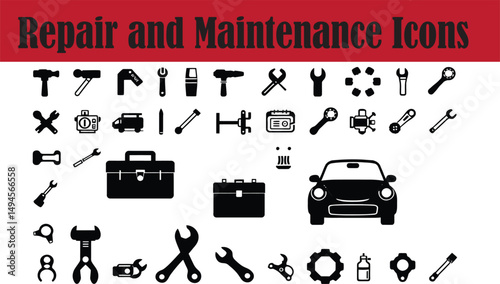 Repair and Maintenance Icons - Icons include items like a hammer, screwdriver, wrench, spanner, toolbox, car, and settings gear