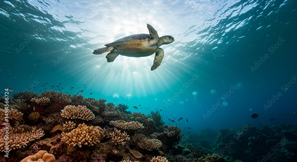 Fototapeta premium Majestic Sea Turtle Gliding Gracefully Through Sunlit Ocean Waters Above Coral Reef