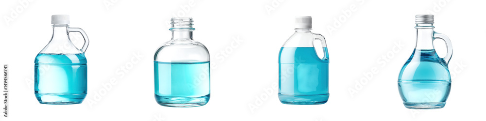 Naklejka premium A collection of various shaped clear glass bottles filled with a vibrant blue liquid arranged in a still life composition against a white background