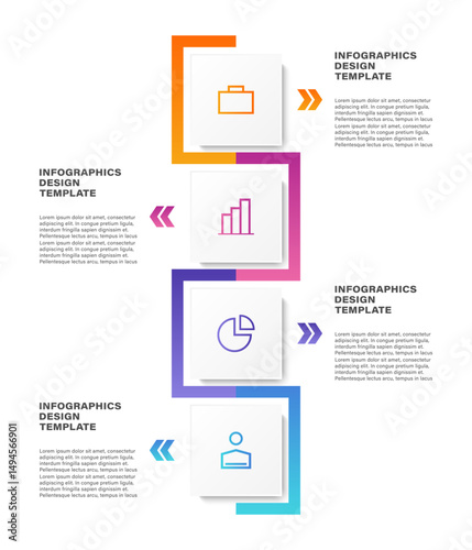 Infographic vertical template with square elements. Four steps or processes. Step by step, instructions or report