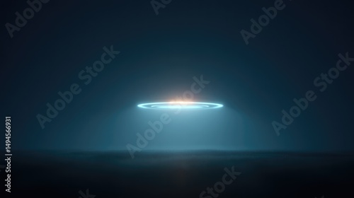 lone minimalist flying saucer silhouette in clear sky with vast blue copy space