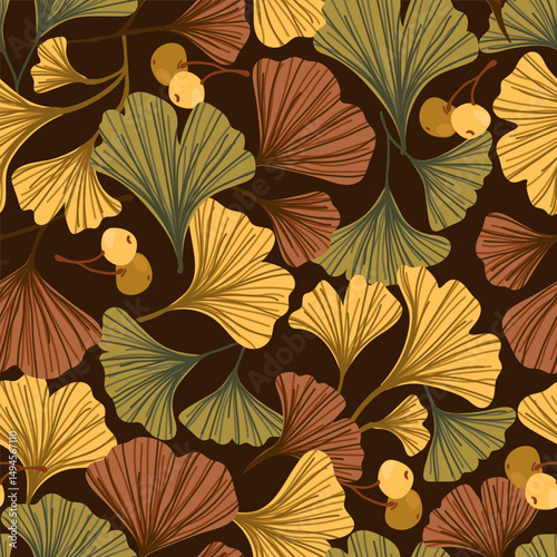 Ginkgo biloba leaves, branch, pod seamless pattern. Cosmetics ayurvedic herb ginkgo plant texture