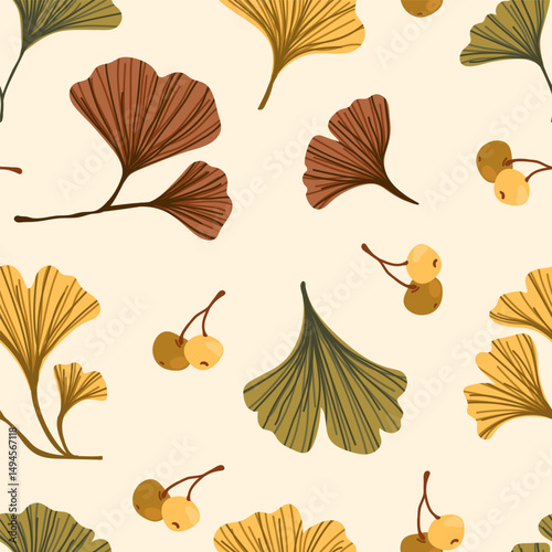 Ginkgo biloba leaves, branch, pod seamless pattern. Cosmetics ayurvedic herb ginkgo plant texture