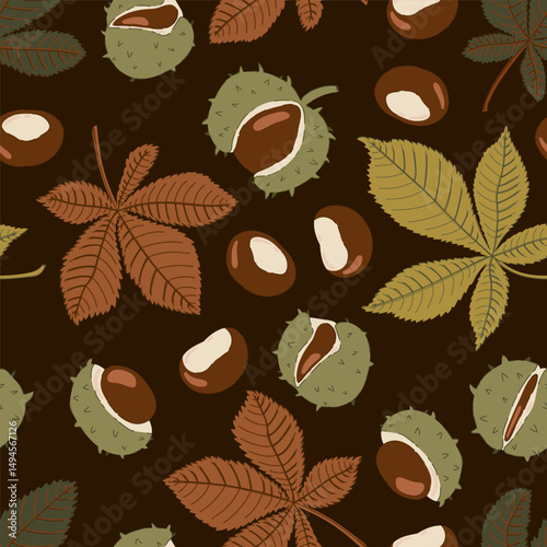 horse chestnut seeds and leaves autumn seamless pattern. Fall ornament for fabric, wrapping