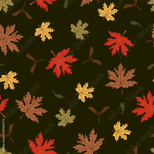 maple leaves and pod colorful autumn seamless pattern. Forest fall plant texture