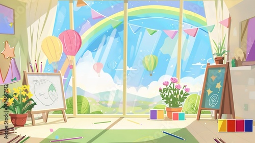 This is a lively art studio. Paintings on easels, art supplies strewn about. Outside the window, a scenic view with a rainbow, hot - air balloon and mountains.