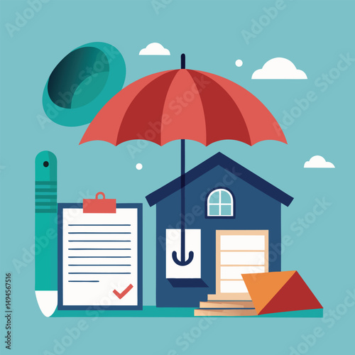 House property insurance, house and insurance document under umbrella vector illustration.