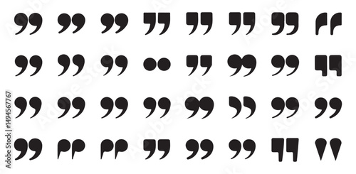 Multiple Black Quotation Marks Pattern, Close Up of Various Black Quotation Marks in a Grid Format on a White Background. Perfect for Text Design, Typography, Quotes, and Communication Visuals.