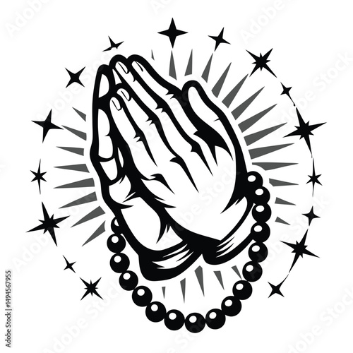 Folded Praying Hand Rosary Beads Black and White Stars Halo Spiritual Belief