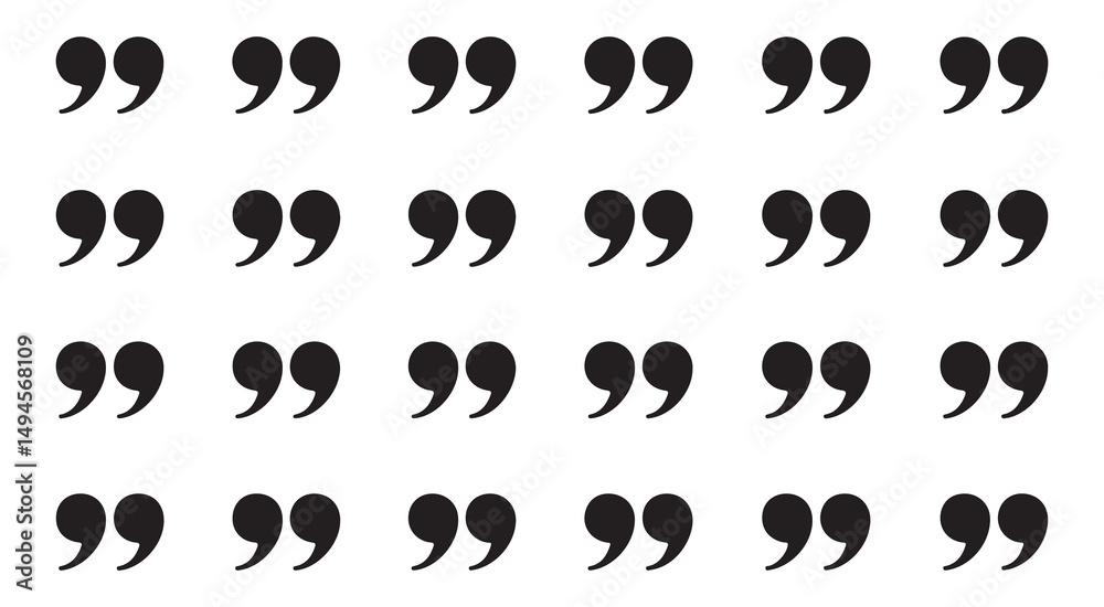 Fototapeta premium Multiple Black Quotation Marks Pattern, Close Up of Various Black Quotation Marks in a Grid Format on a White Background. Perfect for Text Design, Typography, Quotes, and Communication Visuals.