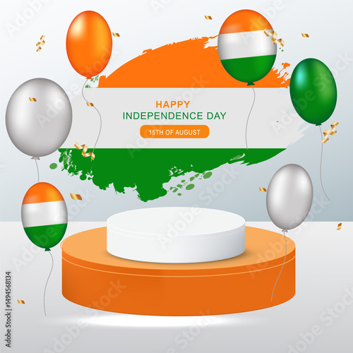 Happy Independence Day India! Podium with balloons in flag colors. Great for promotions & event banners. Vector