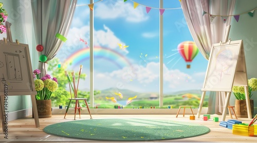 This is a lively art studio. Paintings on easels, art supplies strewn about. Outside the window, a scenic view with a rainbow, hot - air balloon and mountains.