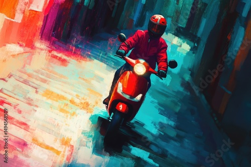 A vibrant painting of a person riding a red scooter down a colorful, painted street.