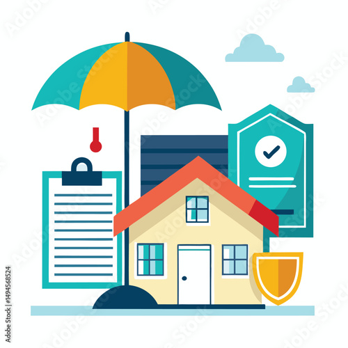 House property insurance, house and insurance document under umbrella vector illustration.