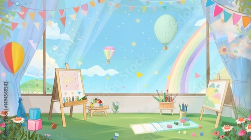 This is a lively art studio. Paintings on easels, art supplies strewn about. Outside the window, a scenic view with a rainbow, hot - air balloon and mountains.