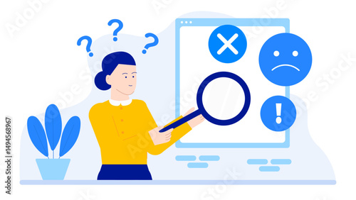 Sad woman uses magnifying glass on website, suitable for illustrating disappointment or frustration in online browsing or technology issues.