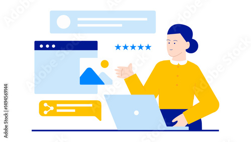 Woman on laptop viewing five star review suitable for business websites, customer testimonials, online reviews, technology blogs, and marketing concepts.