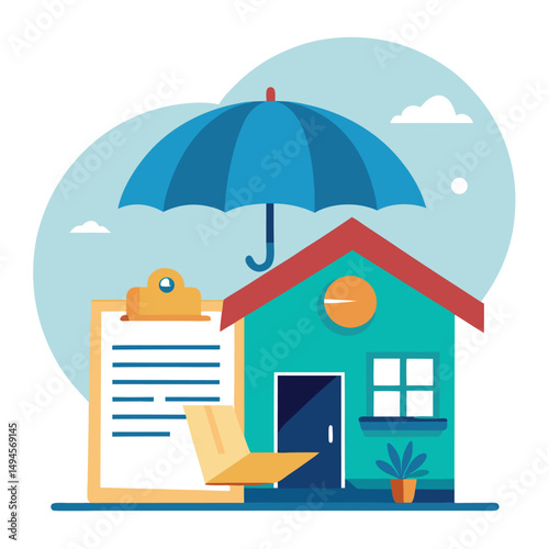 House property insurance, house and insurance document under umbrella vector illustration.
