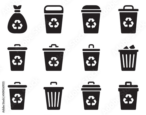  Collection of Black Recycling Bin Icons, Featuring Different Recycling Bins with the Recycling Symbol. Simple and Clean Design, Perfect for Environmental and Sustainability Projects.