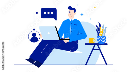 Man on a laptop on a couch. Suitable for remote work, telecommuting, studying, browsing, working from home, technology concepts.