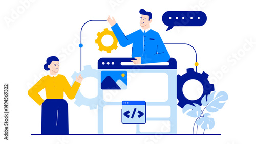 Website design featuring a code box and two people collaborating on coding projects. Suitable for tech blogs or software developers websites.