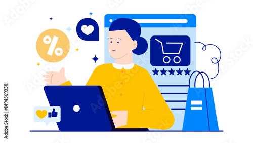 Woman shopping online for a discount. Suitable for ecommerce, digital marketing, online shopping, discounts, internet sales, tech themed designs, and retail promotions.