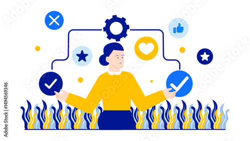 Woman deciding between options. Suitable for business, decision making, choices, and uncertainty concept illustrations, presentations, and articles.