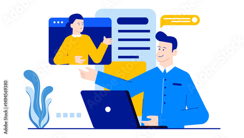 Man and woman having a discussion in front of a laptop screen.