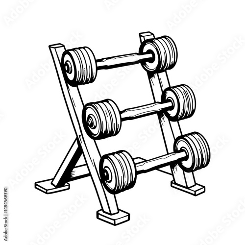 Dumbbell rack displaying weights on white background, fitness concept