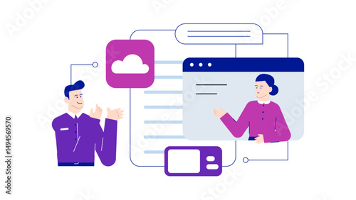 Man and woman having desktop video call. Suitable for virtual communication, online meeting, telecommuting, remote work concepts in design projects.