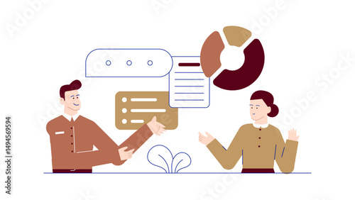 Two people discuss business data through a pie chart and checklist, suitable for business presentations and team meetings.