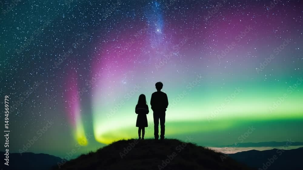 A couple silhouetted under the stunning Northern Lights (Aurora Borealis), symbolizing wonder and unique experiences. Ideal for travel, astronomy, and magical nature themes. A couple silhouetted under the stunning Northern Lights (Aurora Borealis), symbolizing wonder and unique experiences. Ideal for travel, astronomy, and magical nature themes.