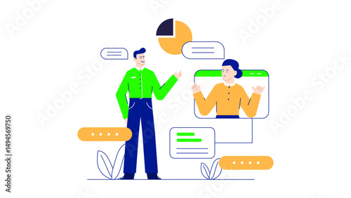 Two people connecting virtually in a video conference call, suitable for illustrating remote work, online meetings, telecommuting, and digital collaboration.