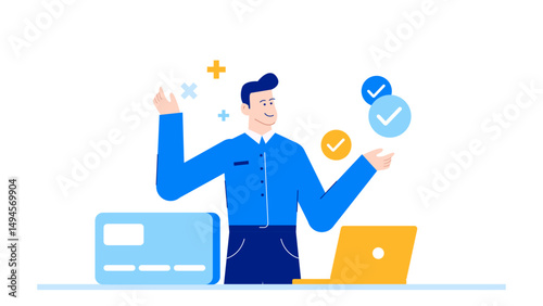 Man standing near a laptop and credit card suitable for financial, online shopping, ecommerce concepts. Business, technology, finance, digital transactions.