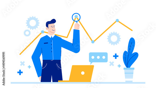 Man using a magnifying glass on a yellow line graph. Suitable for financial analysis, data research, market trends presentations, and business concepts.